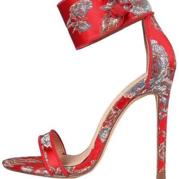 Liliana Shoes - Red Printed Open Toe Button Ankle Band Heels